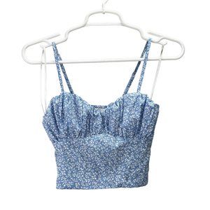 Princess Polly Crop Top Smocked Blue size 0 Ditsy Floral Print Ruched Coastal